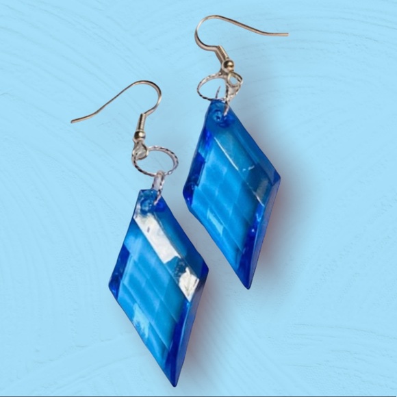 Hand Crafted Jewelry - Hand Crafted Blue Diamond Earrings Dangle Diamond-Shaped Acrylic Retro New Wave